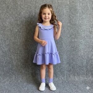 Janie and Jack Girls Size 5 Periwinkle Blue Ponte Ruffle Dress Eyelet Lace Trim
